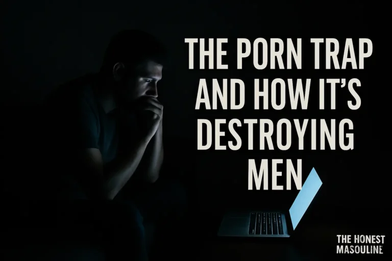 A man sitting alone in a dark room lit only by his laptop, with bold overlay text ‘The Porn Trap and How It’s Destroying Men,’ symbolizing addiction draining masculinity.