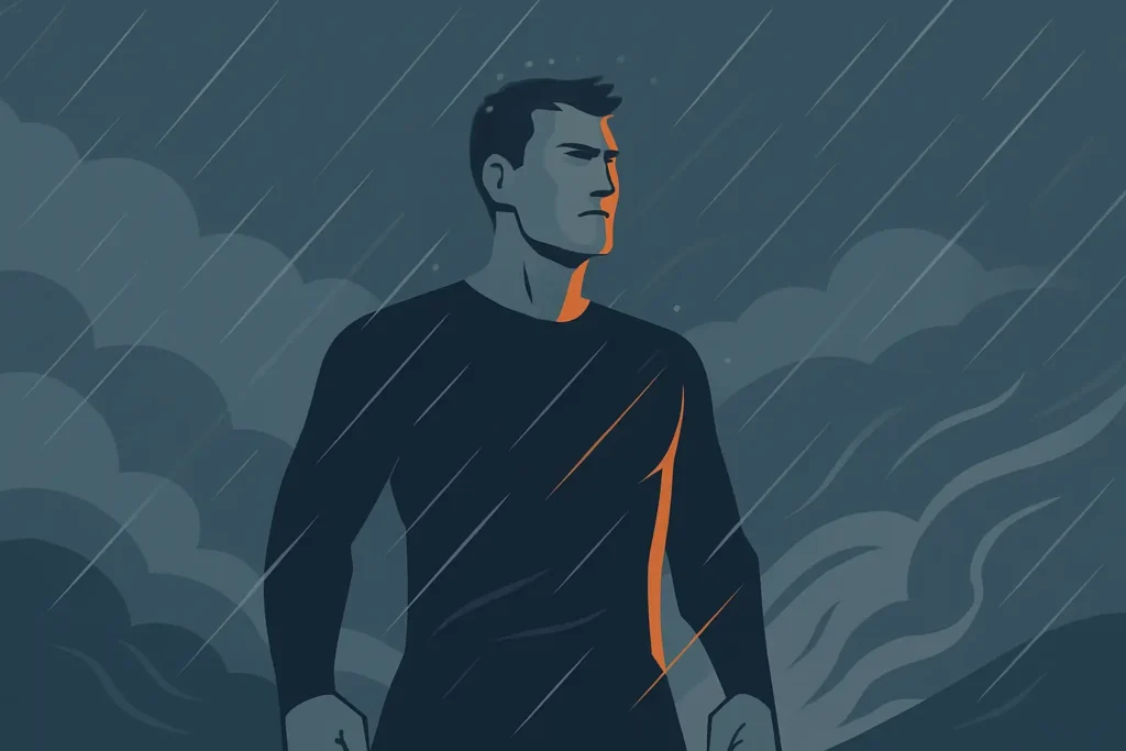 Man standing firmly in the middle of a storm, symbolizing masculine endurance and unshakable strength through pain.
