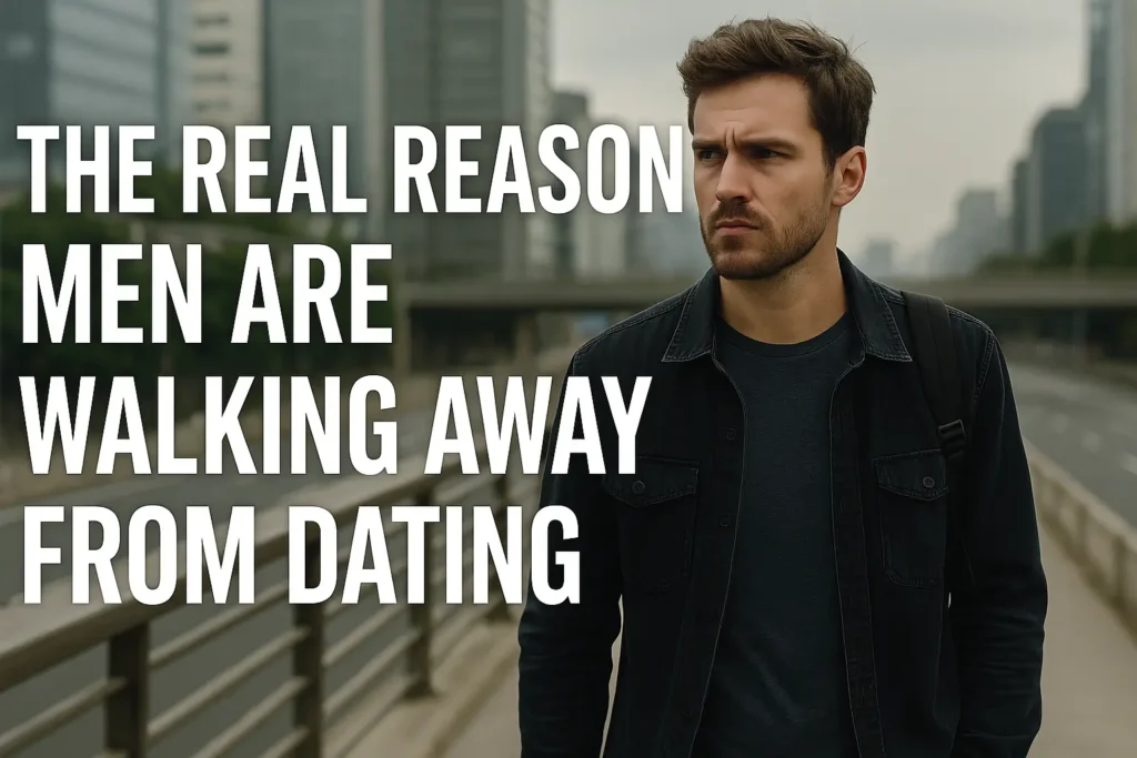 The Real Reason Men Are Walking Away From Dating. A man in dark clothing walks along a city street with a serious expression, accompanied by large white headline text reading "