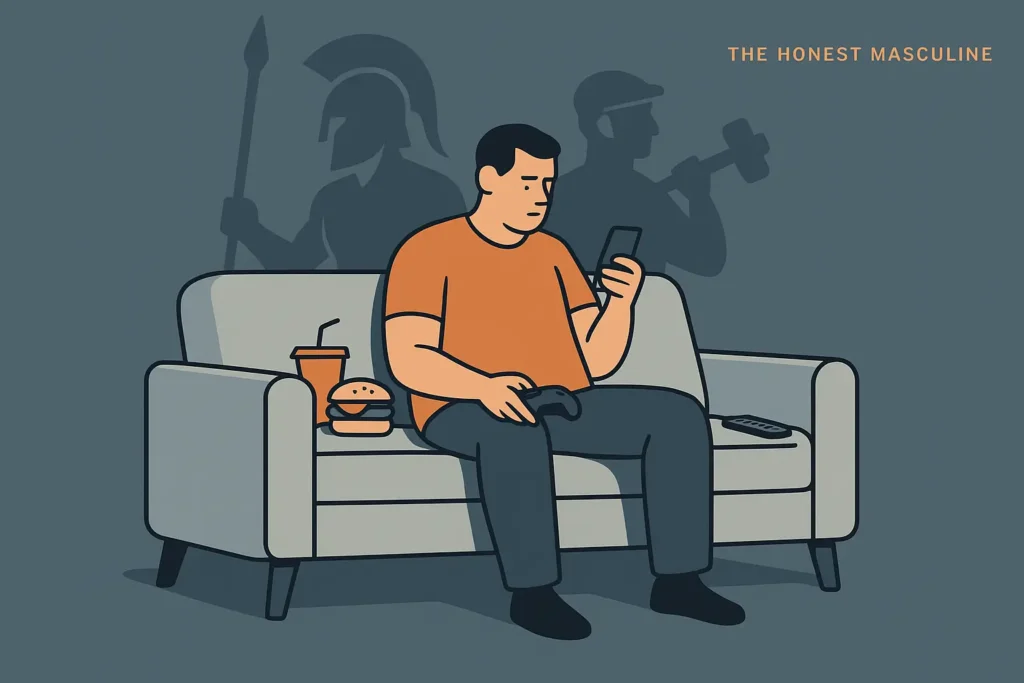 Comfort Is Killing Your Potential. Modern man scrolling his phone on a couch surrounded by fast food and distractions, with faint warrior silhouettes behind him symbolizing lost masculine strength.