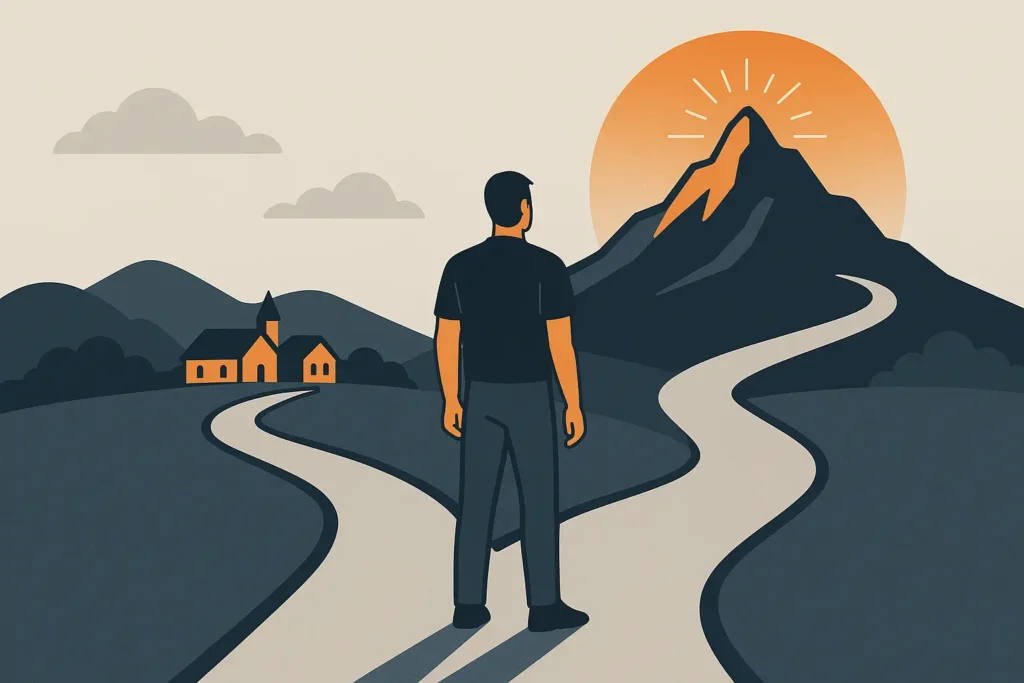 A man stands at a crossroads between comfort and greatness — one path leads up a steep glowing mountain, the other toward an easy, peaceful village.