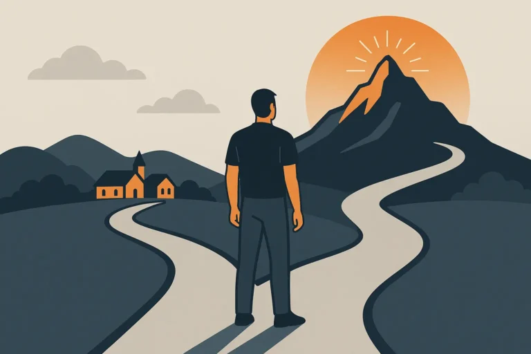 A man stands at a crossroads between comfort and greatness — one path leads up a steep glowing mountain, the other toward an easy, peaceful village.