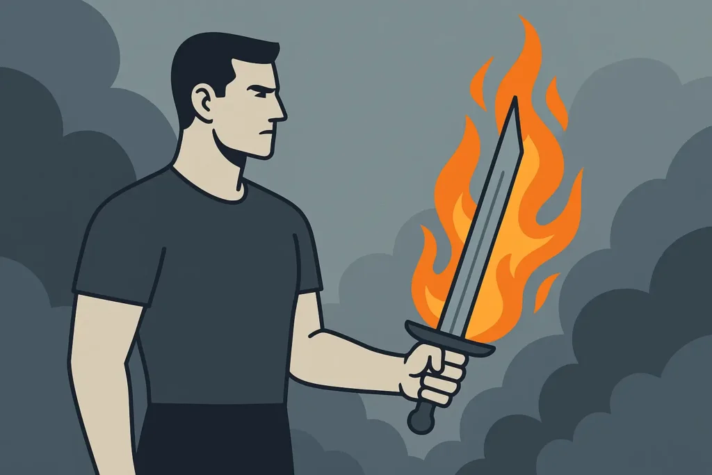 Man holding a flaming sword calmly, symbolizing masculine strength and transformation through pain.
