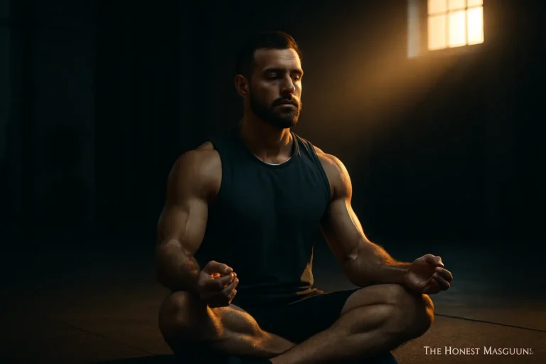 A calm, muscular man meditating cross-legged in a dimly lit gym at dawn, golden light illuminating his face, symbolizing stillness, patience, and masculine mastery through discipline.