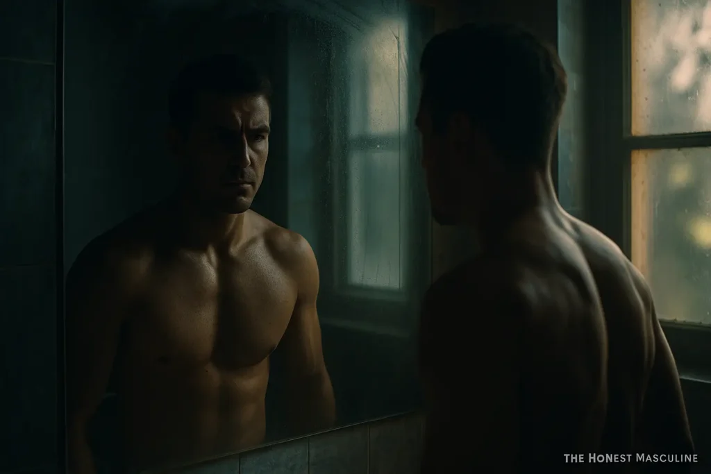 30-Day Masculine Reset Challenge. A muscular man standing shirtless in front of a foggy bathroom mirror at sunrise, staring at his reflection with determination, symbolizing masculine awareness and the need for a life reset.
