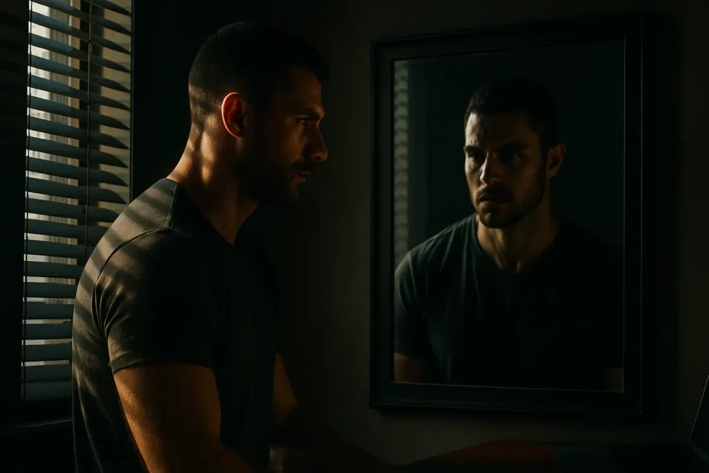 A man staring at his reflection in a dark mirror with morning light cutting through blinds, symbolizing fear and self-avoidance behind procrastination.
