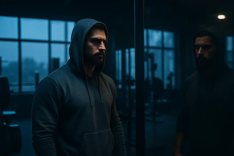 Why Men Quit the Gym. A muscular man wearing a hoodie standing alone in an empty gym at dawn, gazing into his reflection, symbolizing discipline, consistency, and masculine focus.