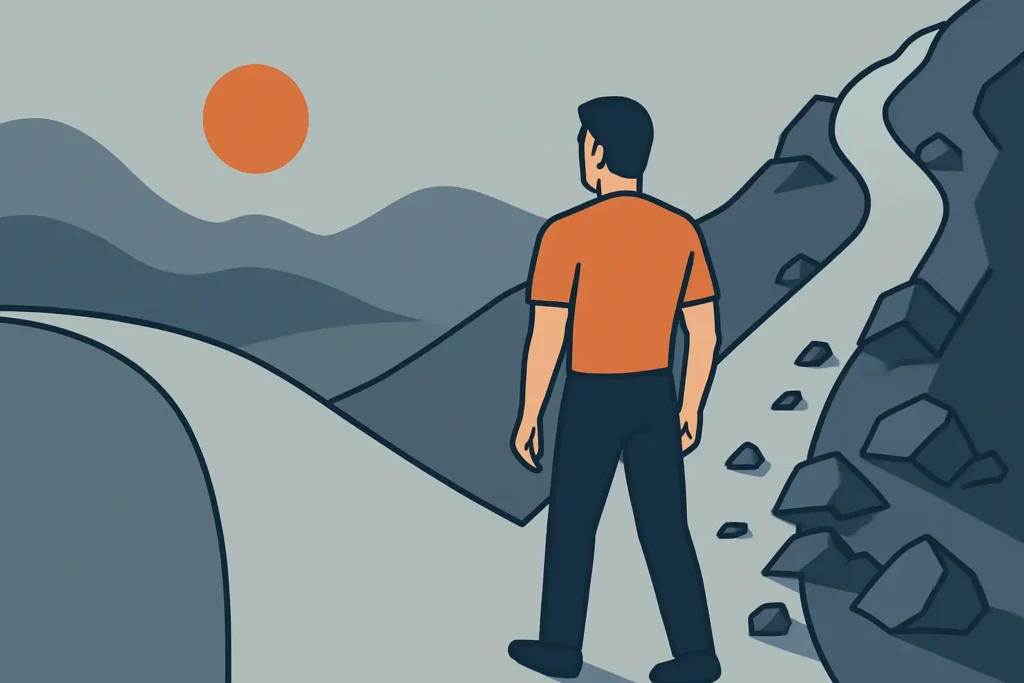 The Art of Doing Hard Things Every Day. Man standing at a crossroads choosing the steep, rocky path over the easy one, symbolizing masculine discipline and rejection of comfort.