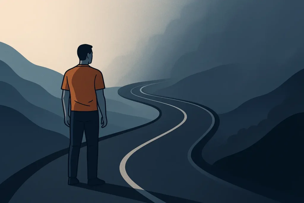 Why Most Men Never Finish Anything They Start. A man standing halfway down a long, winding road, symbolizing discipline, unfinished goals, and the struggle to finish what he starts.