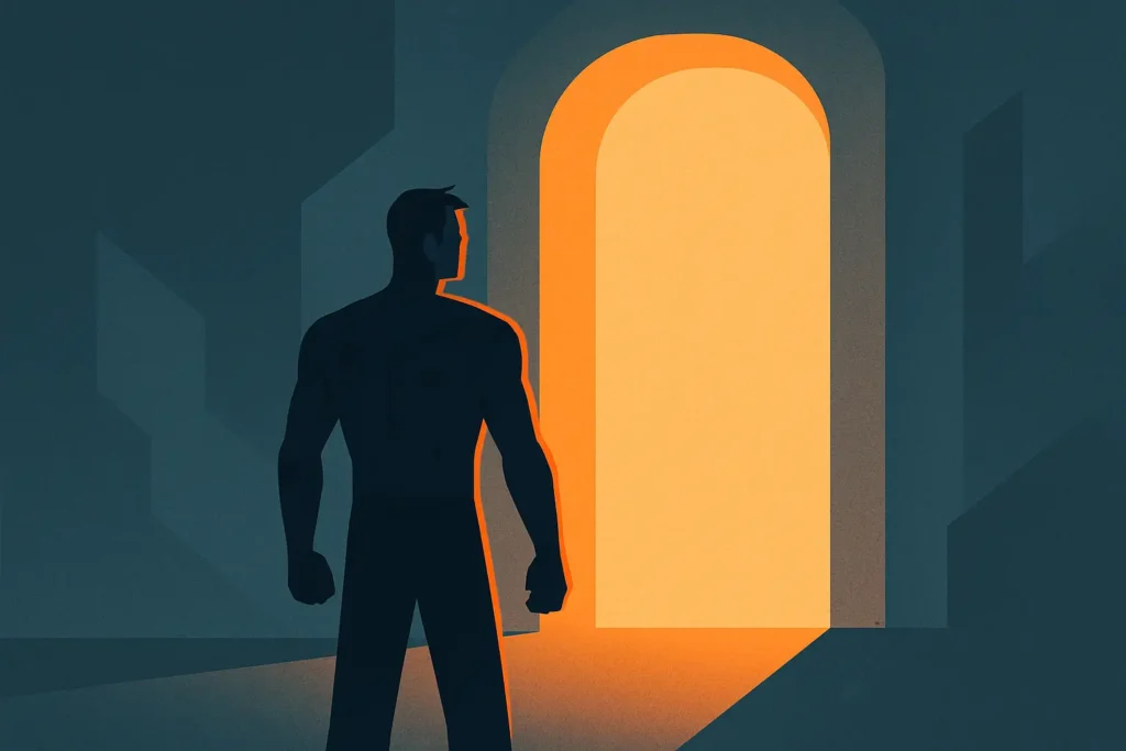 Comfort Is Killing Your Potential.Man standing before a glowing gate, symbolizing that pain is the gatekeeper to greatness.