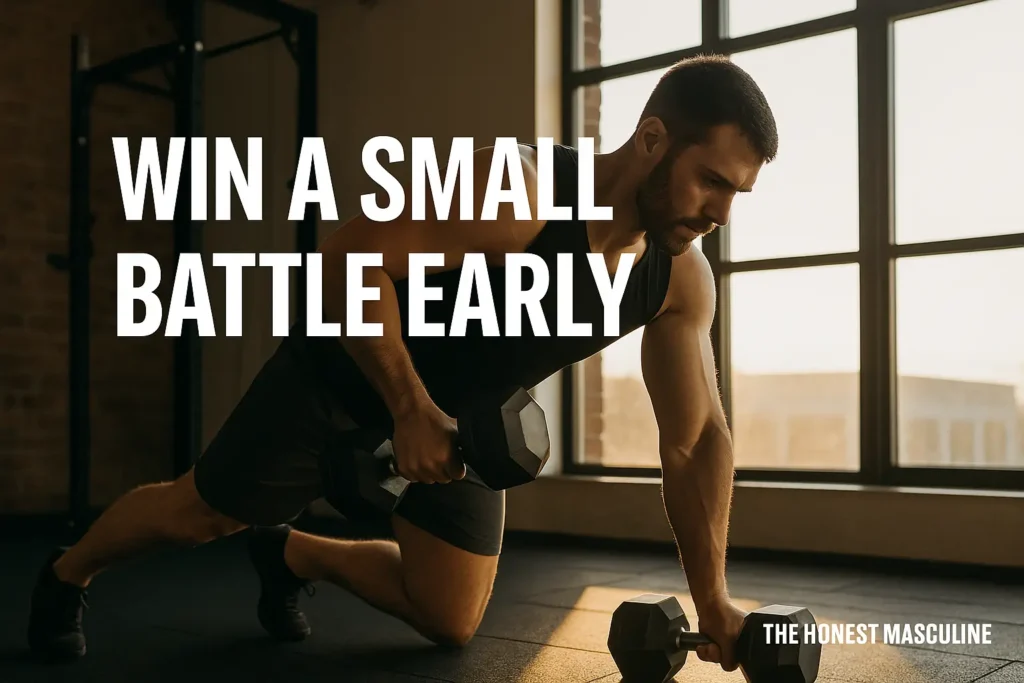 A muscular man performing a dumbbell exercise in a morning gym, symbolizing winning a small battle early as part of masculine morning rules