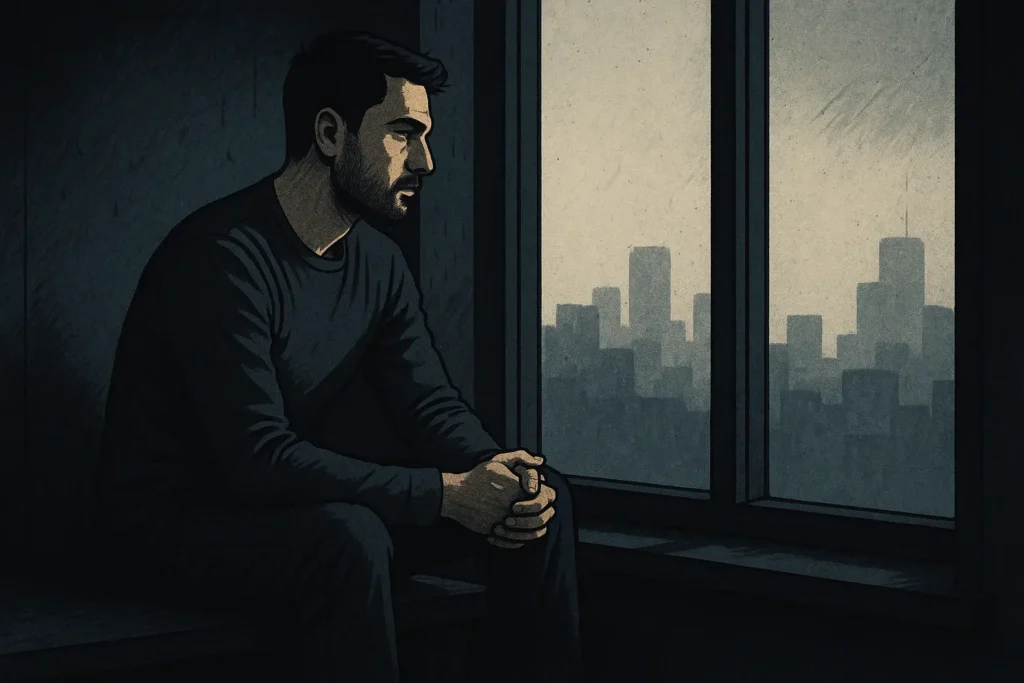 A man sitting quietly by a window overlooking a gray city skyline, representing men choosing solitude over relationships in 2025