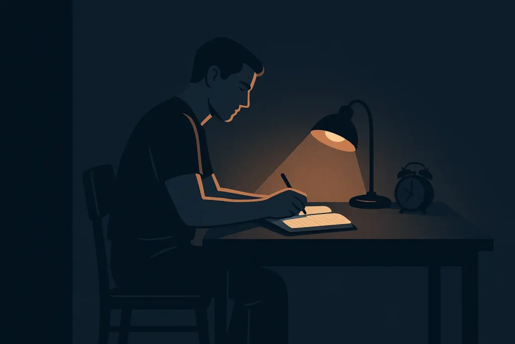 The Discipline You Build When No One’s Watching. A man sitting alone at a desk under a small lamp, writing in a notebook surrounded by darkness, symbolizing the quiet discipline and integrity built in private.