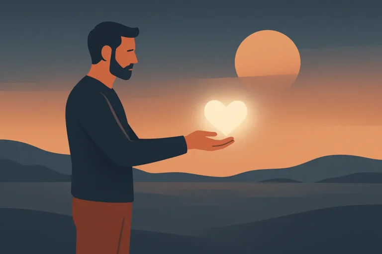 Why Men Who Give Everything End Up With Nothing. A minimalist vector illustration of a man standing alone, holding out a glowing heart that fades into the distance, symbolizing emotional overgiving and self-loss.