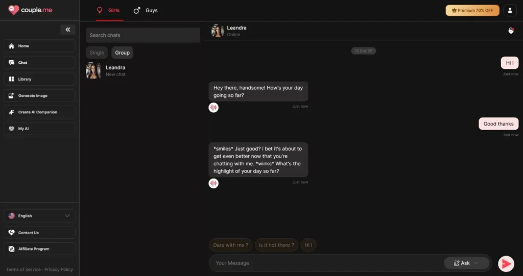 CoupleMe review chatting with the AI girlfriend