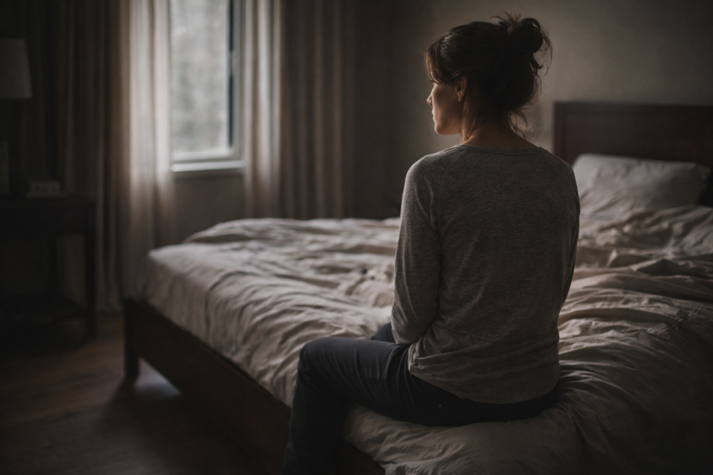 Sexual regret in women shown through a quiet moment of reflection in a bedroom