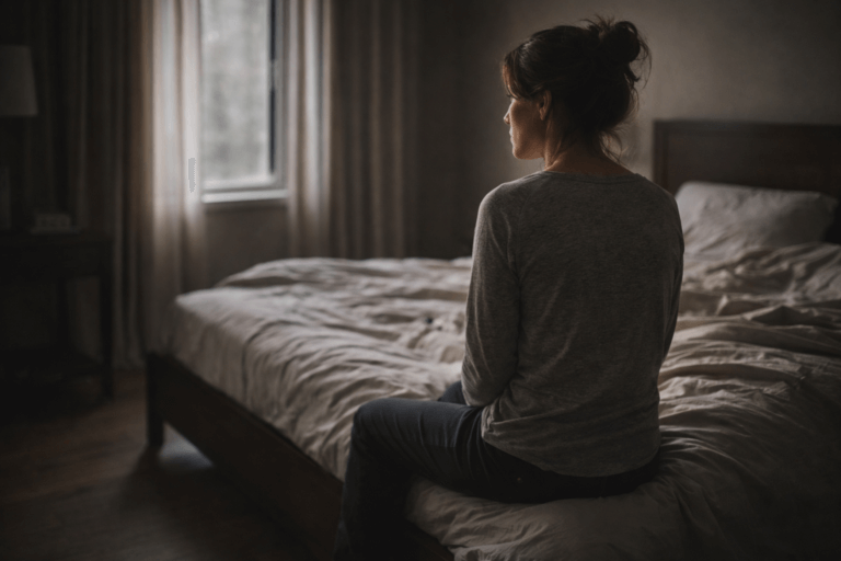 Sexual regret in women shown through a quiet moment of reflection in a bedroom